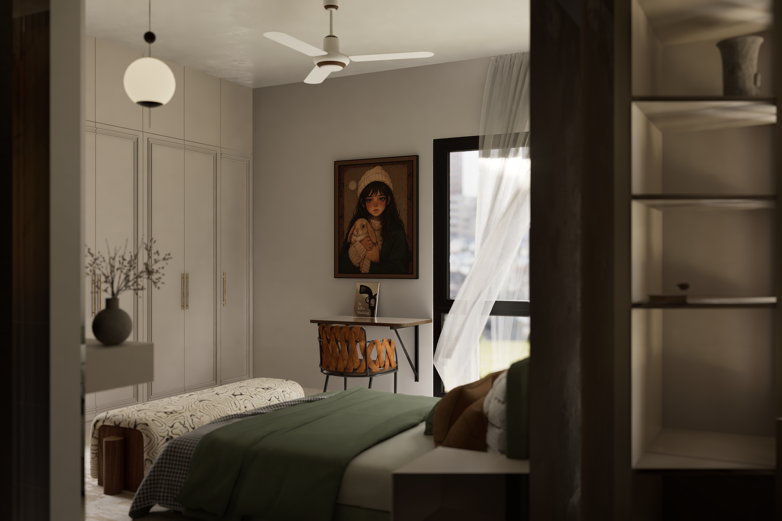Bedroom with green bedding, framed wall art, study desk and ivory wardrobe