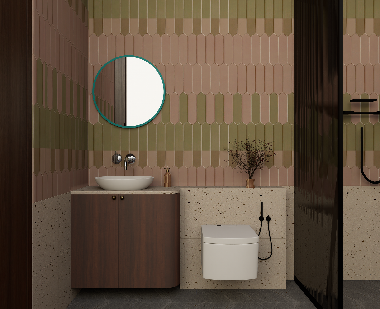 Bathroom with pink and green picket tiles, round mirror and wooden vanity