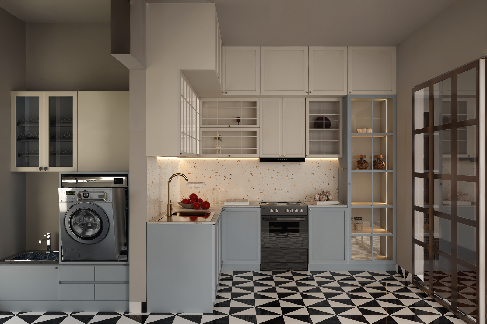 Modular kitchen in powder blue with terrazzo backsplash, glass wall units and patterned floor tiles