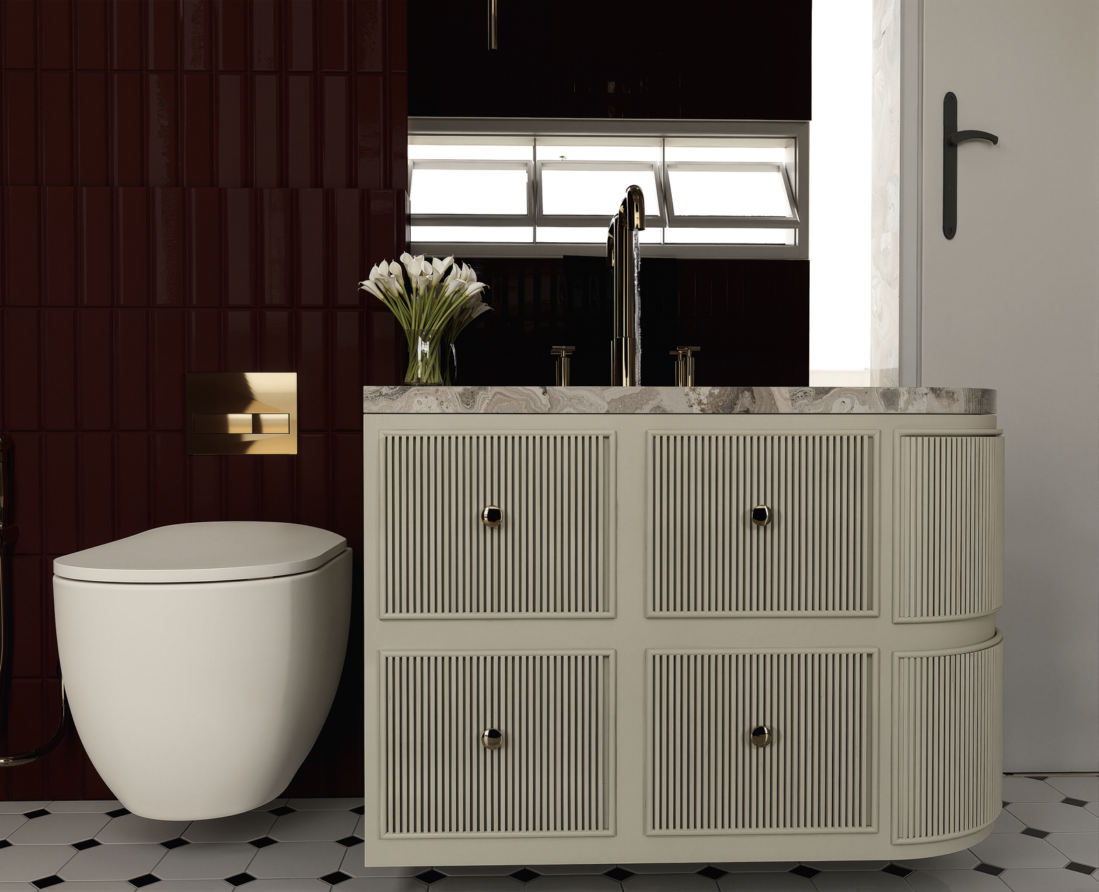 Bathroom vanity closeup with maroon tile wall, wall hung WC and gold flush plate