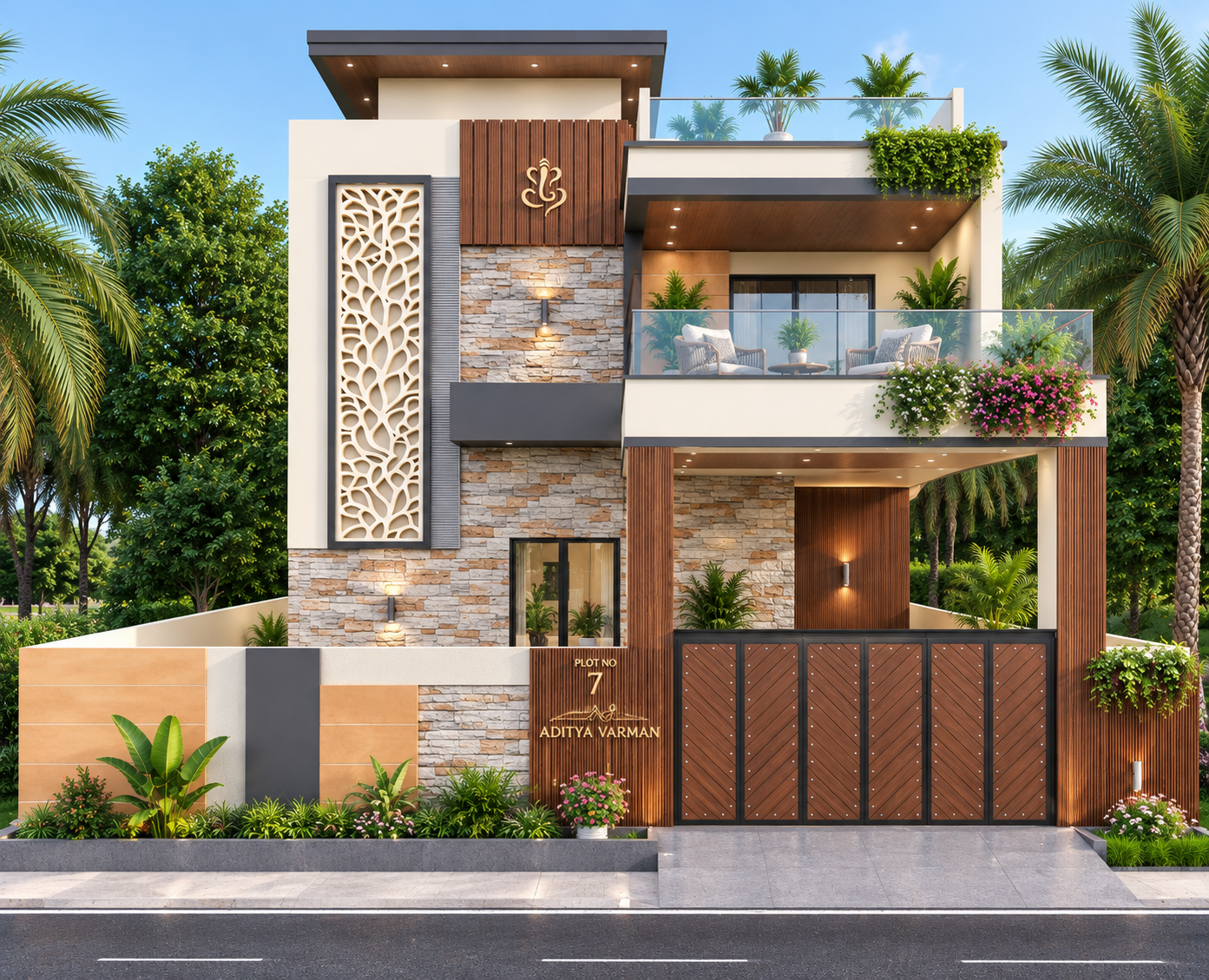Modern duplex house elevation day view with stone cladding, wooden louvers and jali panel in Tamil Nadu