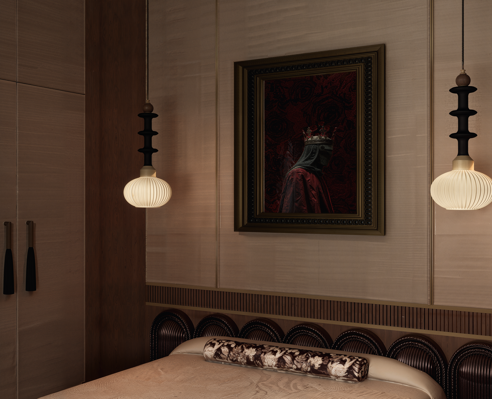 Bedroom with arched cane headboard, walnut panelling, pendant lights and framed artwork