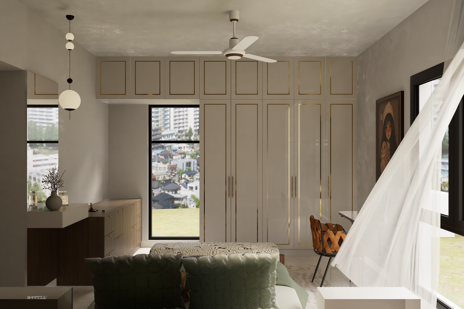 Bedroom with ivory wardrobe, study table, balcony window and ceiling fan