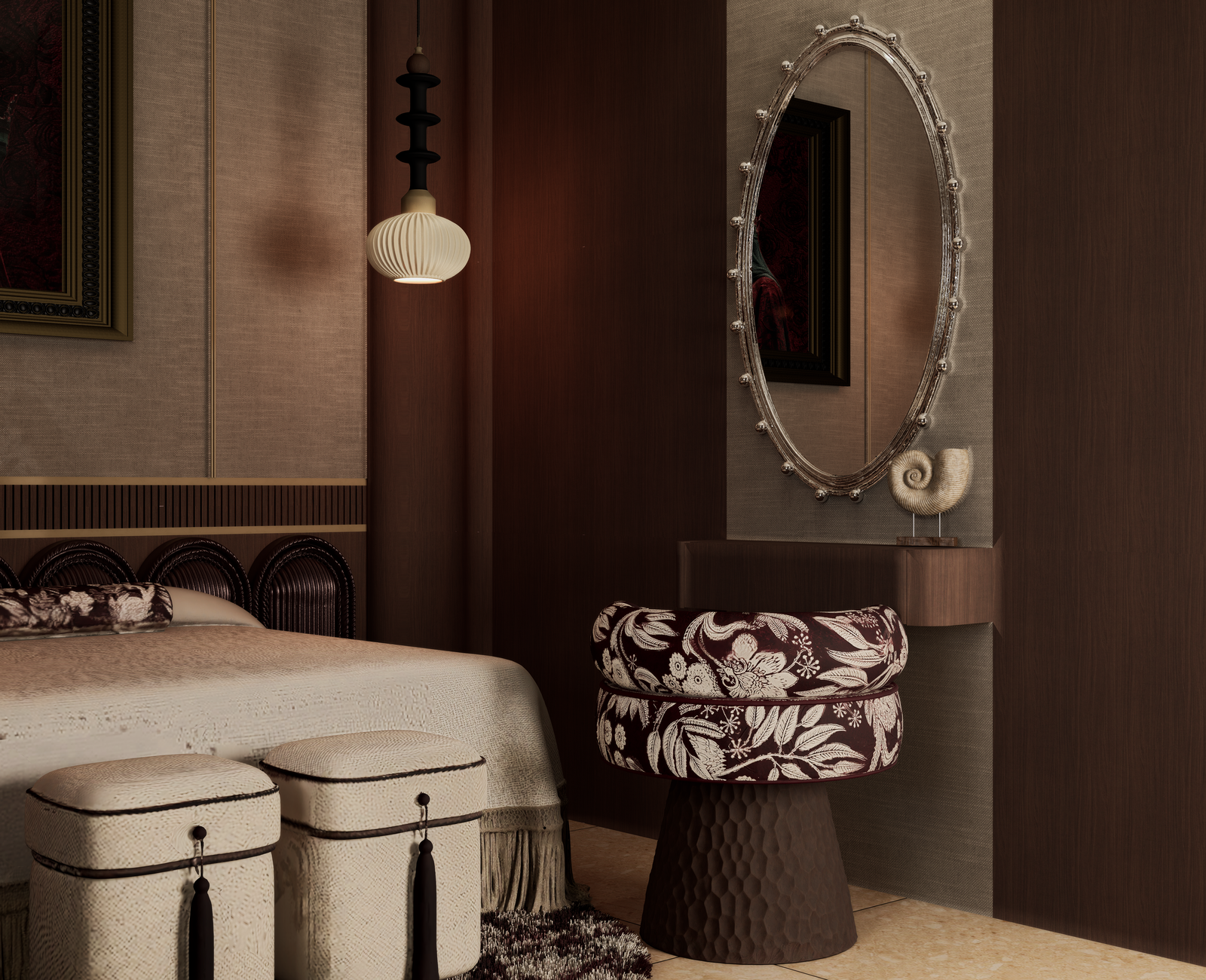 Bedroom dressing corner with oval mirror, upholstered stools and walnut panelled wall