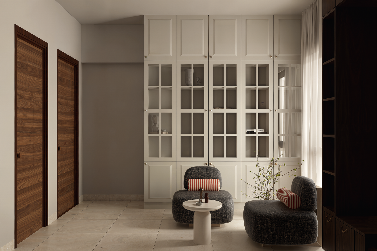 Family lounge with floor to ceiling glass door crockery unit and boucle lounge chairs