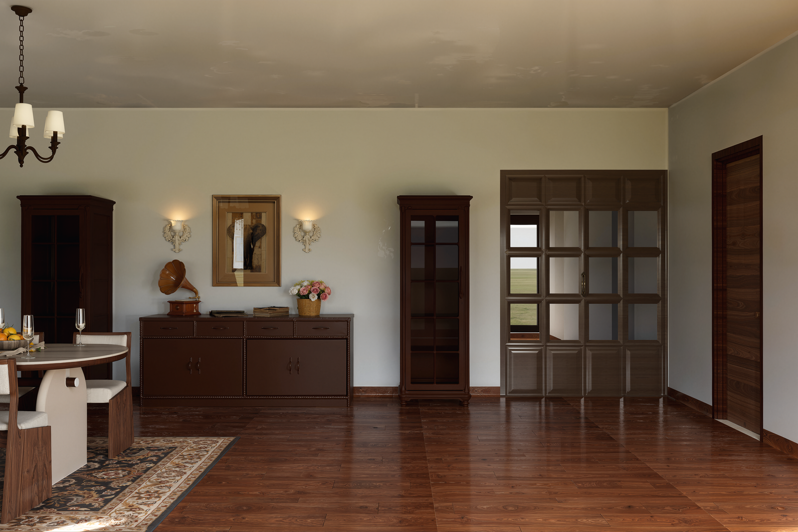 Dining and living area with dark wood sideboard, display cabinet and wall sconces