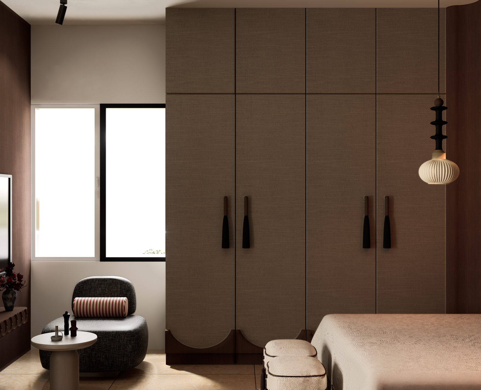Bedroom walnut wardrobe wall with slim black handles and wall sconce