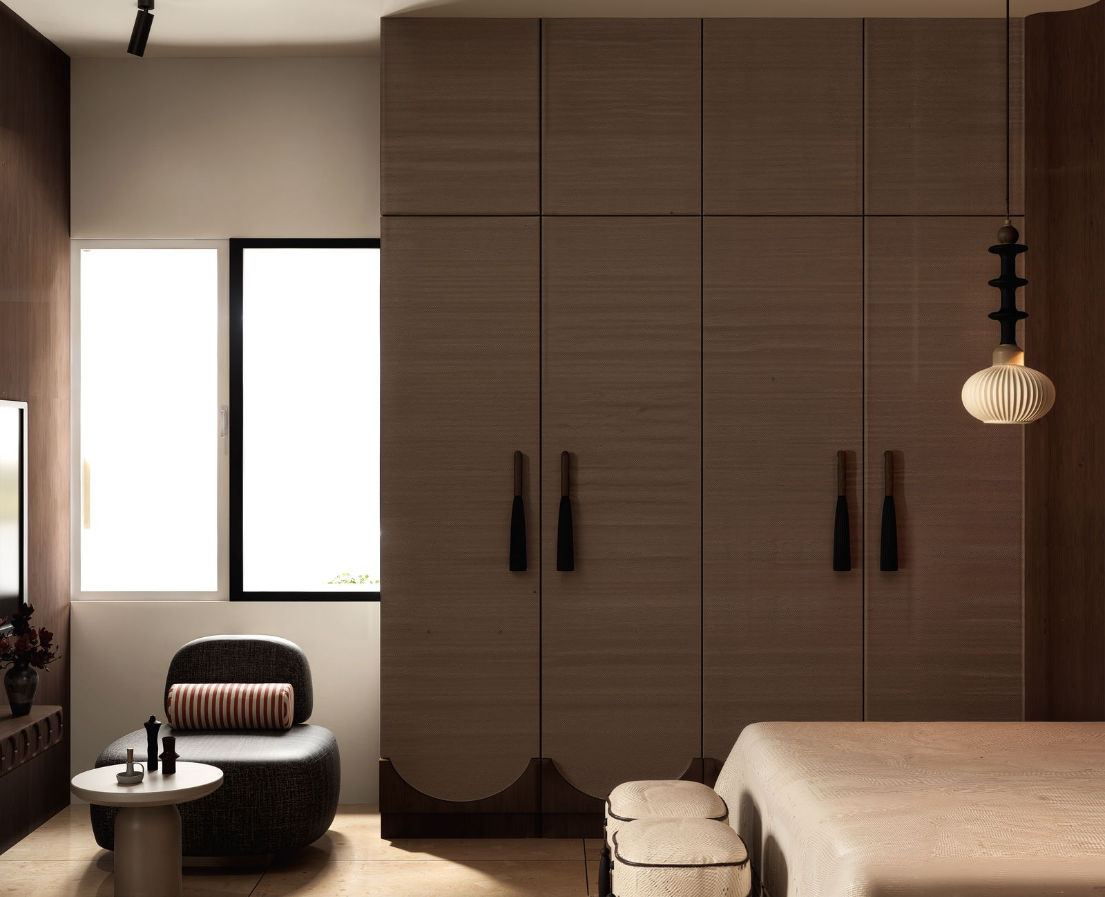 Floor to ceiling walnut wardrobe design with bed, bench and window
