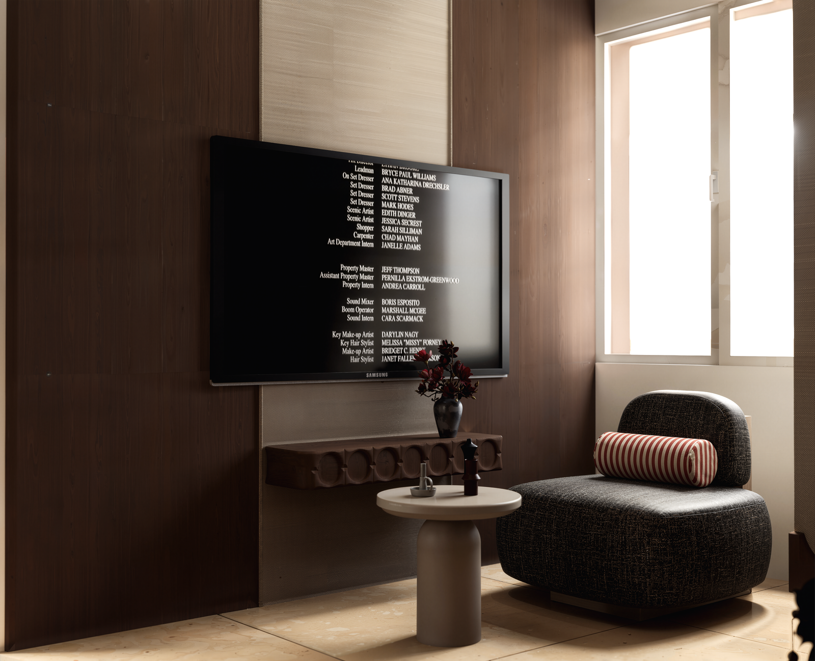 Bedroom TV wall in walnut veneer with lounge chair and round side table